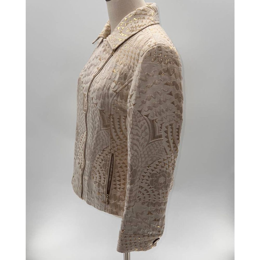Chico's Cream/Gold Metallic Textured Lined Biker Jacket- 1(M) - Picture 13 of 13
